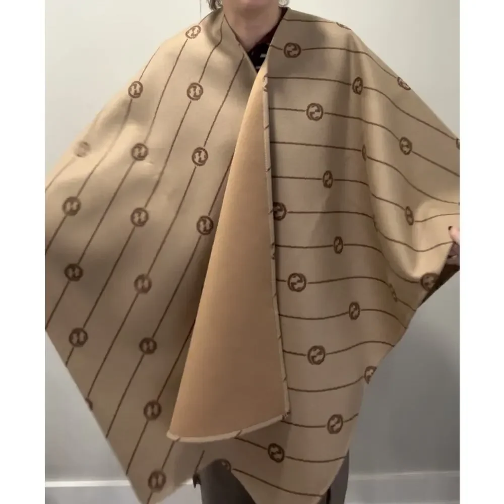 Gucci Interlocking G Striped Wool Poncho Cape Shawl Wrap – Brown Logo